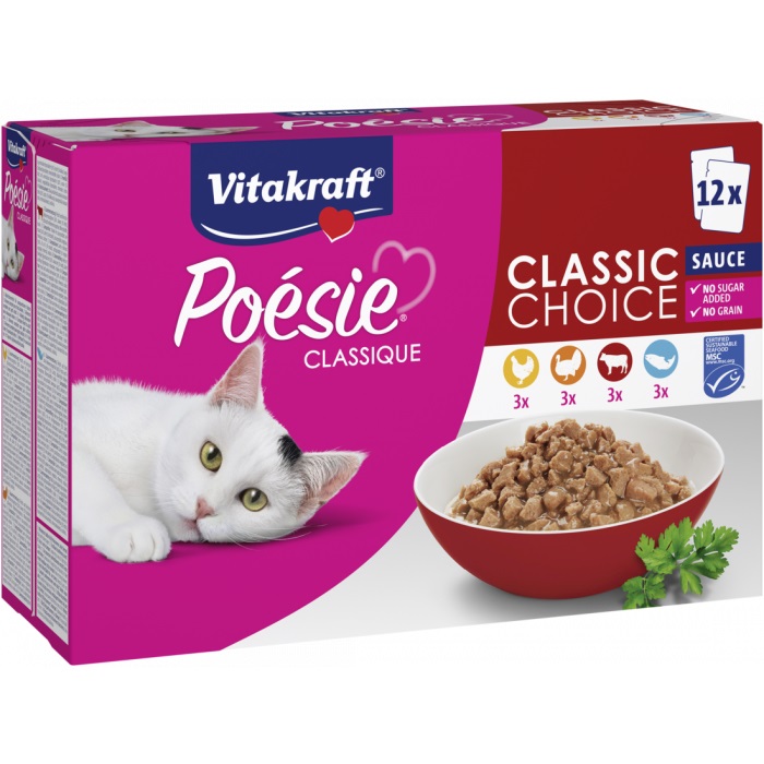 Vitakraft Poésie Classique Multipack Umido per Gatti - 12 Buste da 85 g con Pollo, Tacchino, Manzo e Salmone in Salsa, Senza Zuccheri e Cereali