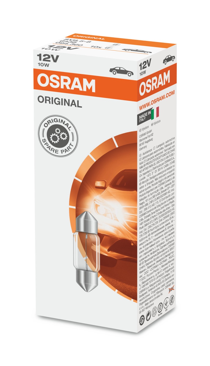 OSRAM 6438 Lampadine a Incandescenza C10W 12V per Auto - Qualità OEM, Confezione da 10