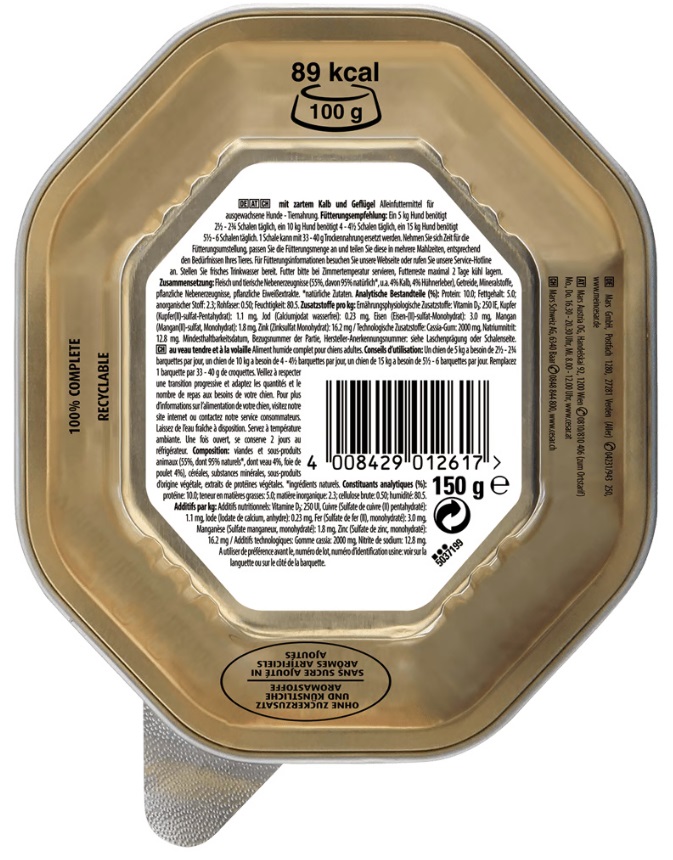 Cesar Cibo Umido per Cani Adulto Patè Vitello e Pollo 150 g - Alimento Completo Senza Coloranti e Conservanti