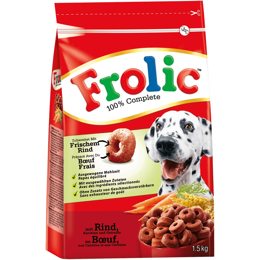 Frolic Cibo Secco per Cani Adulti - Crocchette ad Anello Manzo, Carote e Cereali - 1,5 kg