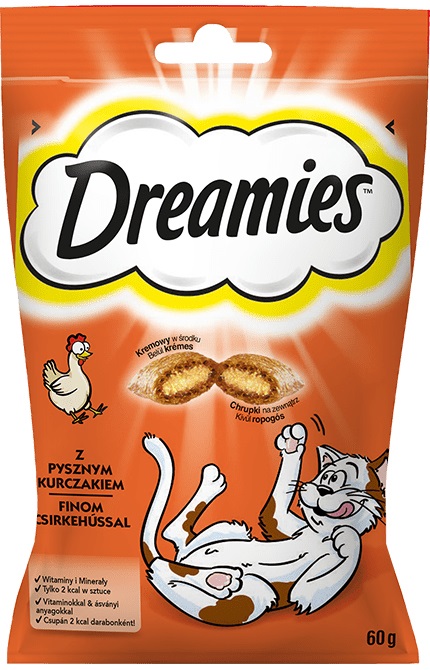 Dreamies Snack per gatti al Pollo - 60 g, croccanti e morbidi, senza coloranti artificiali