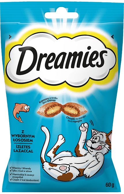 Dreamies Snack per gatti al Salmone 60 g - Croccante con ripieno cremoso, alimento supplementare