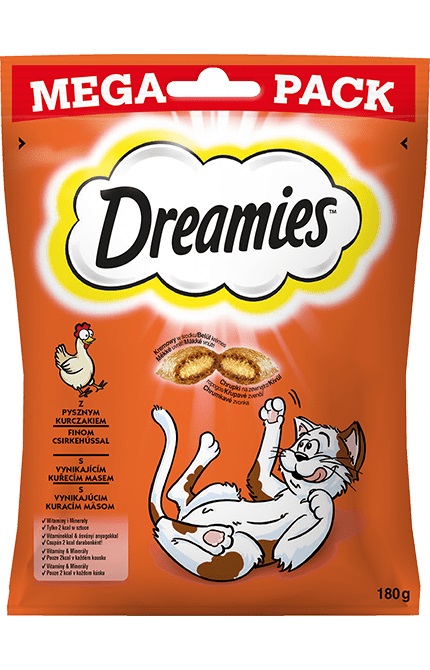 DREAMIES Snack per Gatti al Pollo Mega Pack 180g - Bocconcini Croccanti con Ripieno Morbido, Arricchiti con Minerali