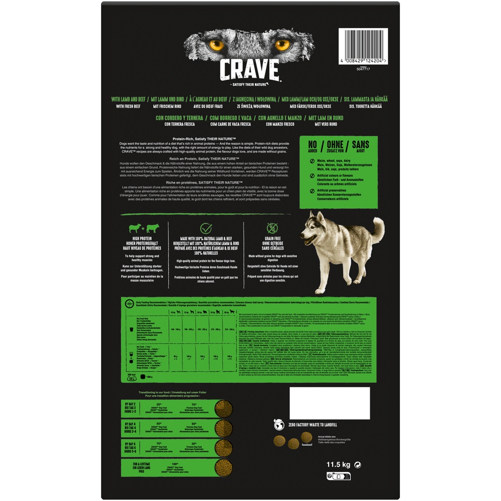 Crave Cibo Secco per Cani Adulti con Agnello e Manzo - 11,5 kg, Senza Cereali e Alto Contenuto Proteico