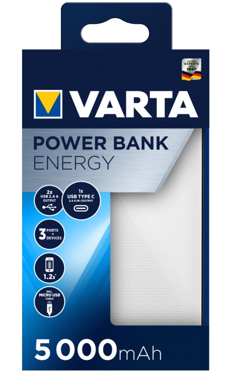 Varta Power Bank Energy 5000 mAh - Polimeri di litio (LiPo), Nero e Bianco, 3 Porte USB
