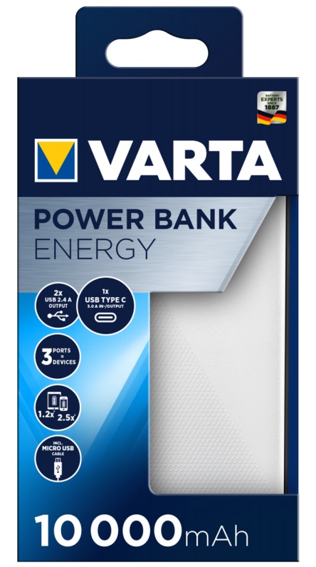 Varta Energy 10000 Polimeri di litio (LiPo) 10000 mAh Nero, Bianco