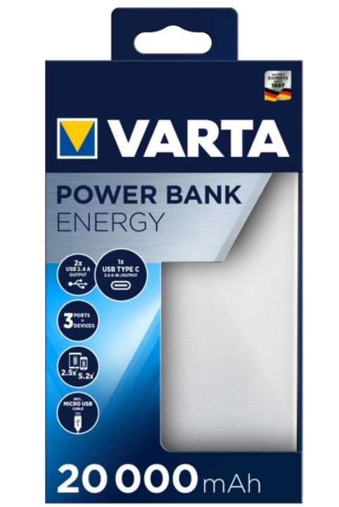Varta Power Bank Energy 20000 mAh Polimeri di litio (LiPo) Nero e Bianco, Ricarica Veloce, Universale