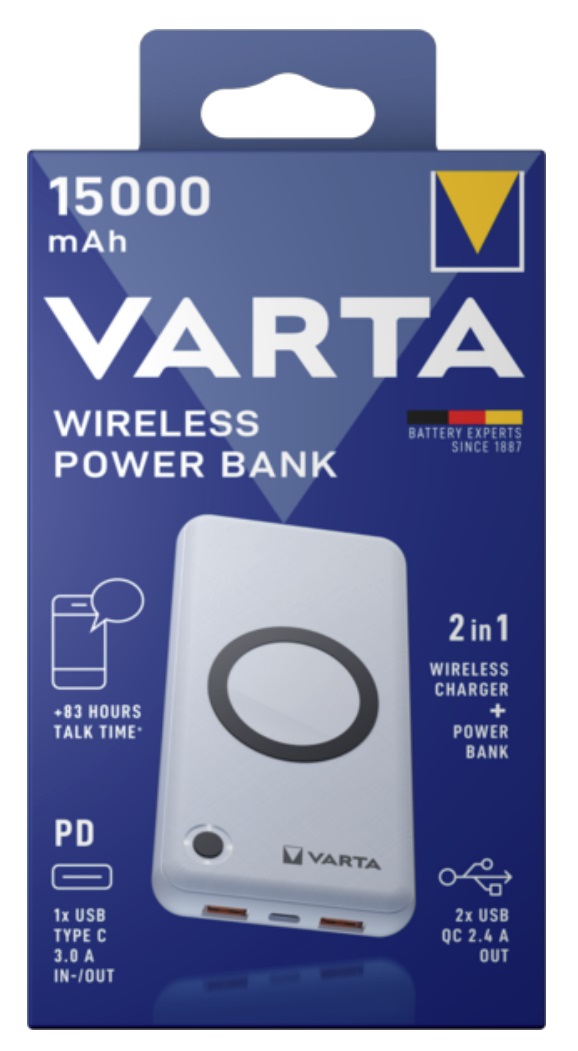 Varta Power Bank Wireless 15000 mAh Bianco - Ricarica Rapida USB-C 20W e Induttiva 10W