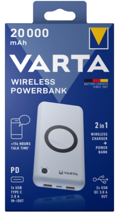 Varta Power Bank Wireless 20000 mAh - Caricabatterie 2 in 1 con Ricarica Rapida 10W, USB-C, Bianco
