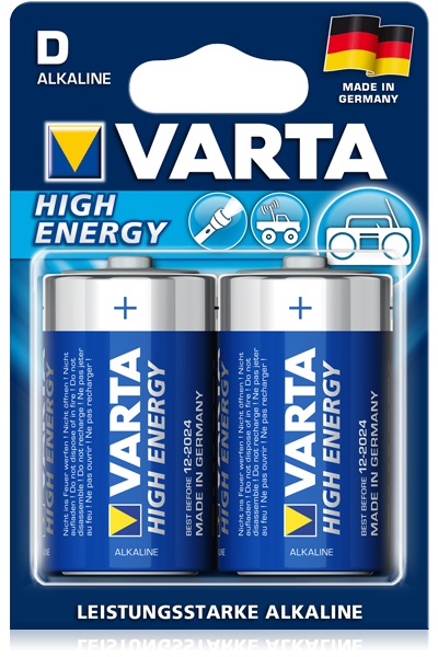 Varta High Energy Batteria Alcalina D LR20 1,5 V - 2 Pezzi, Made in Germany, 10 Anni di Conservabilità