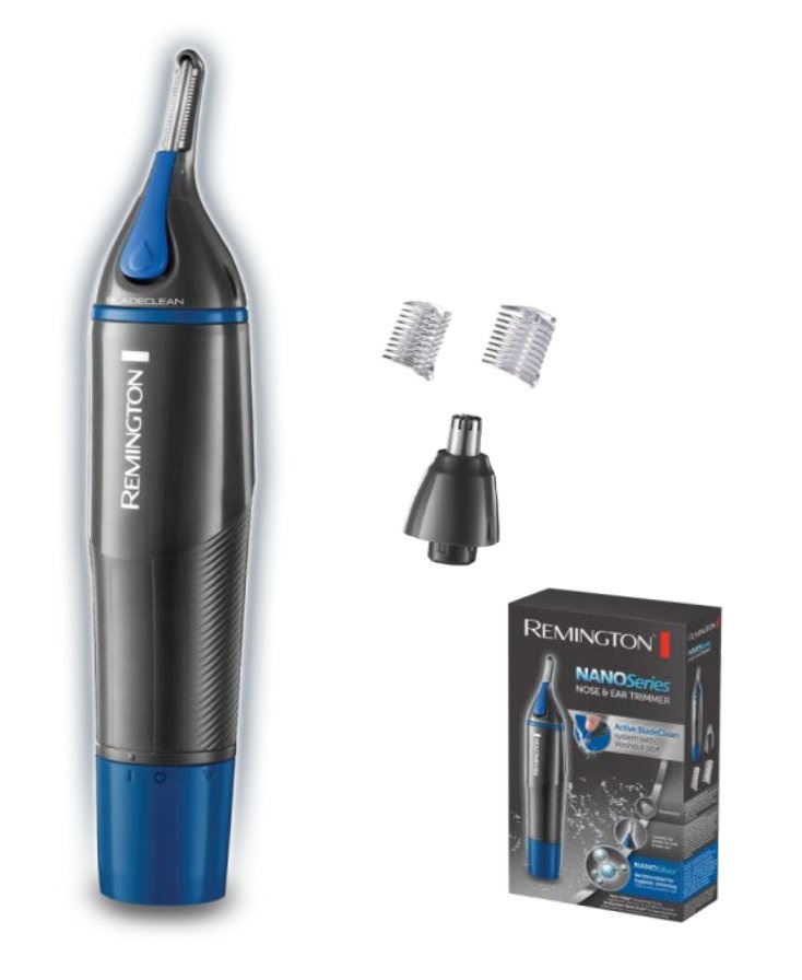 Remington NE3850 Tagliapeli per Naso e Orecchie, Rifinitore Multiuso Senza Fili, Colore Nero/Blu, Alimentazione a Batteria AA, Wet & Dry, Rivestimento NanoSilver