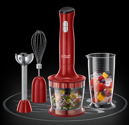 Russell Hobbs Frullatore a Immersione 24700-56 Rosso - 3 in 1 con Mixer, Tritatutto e Frusta, 500 W, Senza BPA, Lavabile in Lavastoviglie