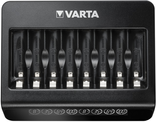 Varta LCD Multi Charger - Caricatore per batterie ricaricabili AA, AAA e 9V con 8 slot, rilevamento celle difettose e spegnimento automatico