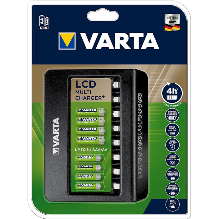 Varta LCD Multi Charger - Caricatore per batterie ricaricabili AA, AAA e 9V con 8 slot, rilevamento celle difettose e spegnimento automatico
