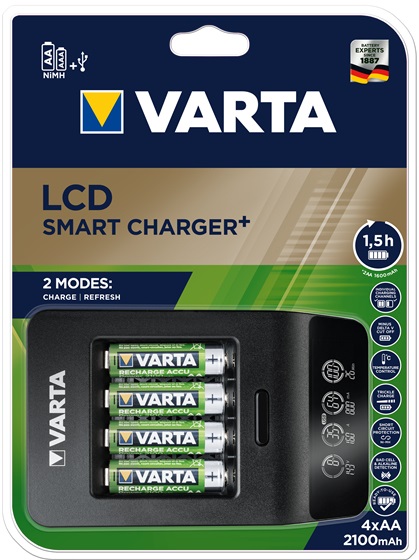 Varta LCD SMART CHARGER - Caricabatterie per Batterie Ricaricabili AA e AAA con Schermo LCD e Funzione Refresh