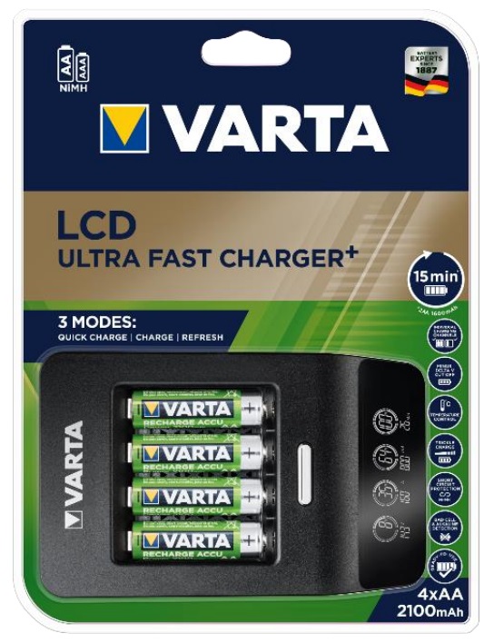 Varta Caricatore LCD 57685 101 441 - Caricatore Ultra Rapido per 4 Batterie AA/AAA con Display LCD
