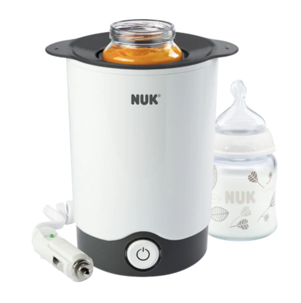 NUK Scaldabiberon Thermo Express Plus - Riscaldamento Veloce in 90 Secondi, Adattatore da Viaggio 12V, Bianco e Grigio