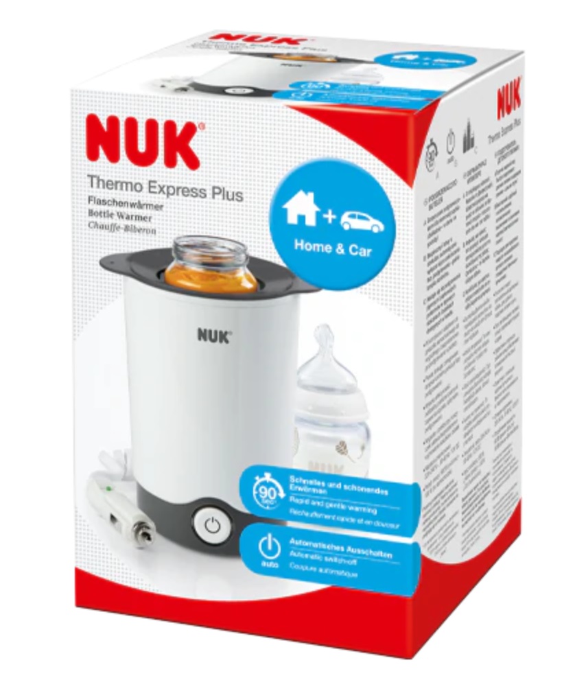 NUK Scaldabiberon Thermo Express Plus - Riscaldamento Veloce in 90 Secondi, Adattatore da Viaggio 12V, Bianco e Grigio