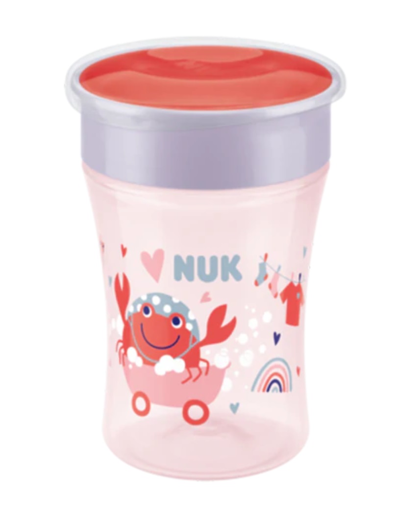 NUK Tazza Magic Cup 230 ml per bambini 8 mesi, a tenuta stagna con bordo a 360°, senza BPA, rosa con granchio (rosso)