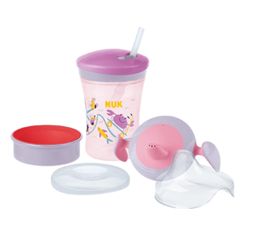 NUK 3-in-1 Set per imparare a bere - Trainer Cup, Magic Cup 360°, Action Cup | 230 ml | Senza BPA | Viola