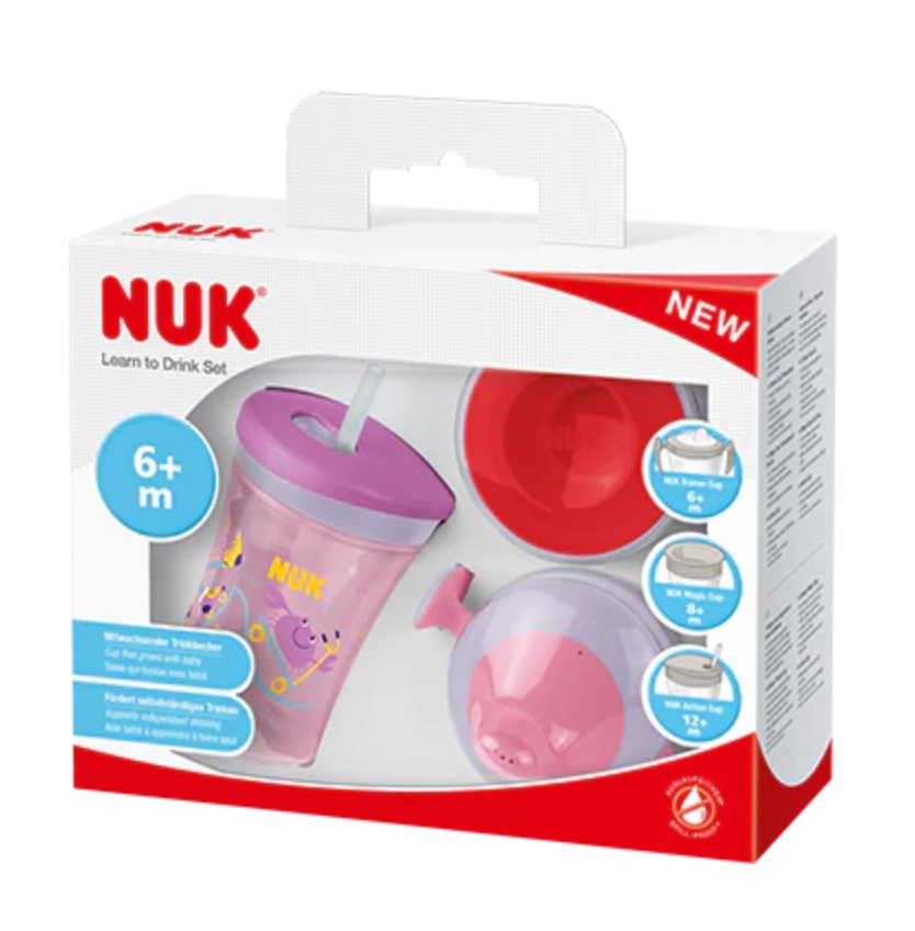 NUK 3-in-1 Set per imparare a bere - Trainer Cup, Magic Cup 360°, Action Cup | 230 ml | Senza BPA | Viola