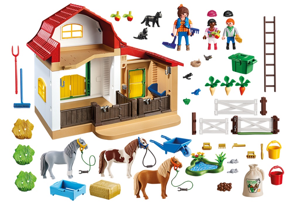 PLAYMOBIL Fattoria dei Pony con 3 figure, 3 pony, fienile a due livelli e accessori