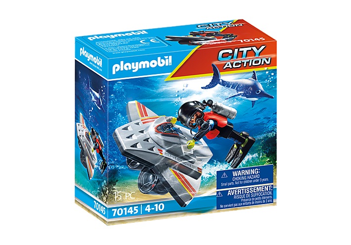 PLAYMOBIL City Action 70145 - Motore Subacqueo della Guardia Costiera con Sommozzatore e Pesce Spada, dai 4 Anni