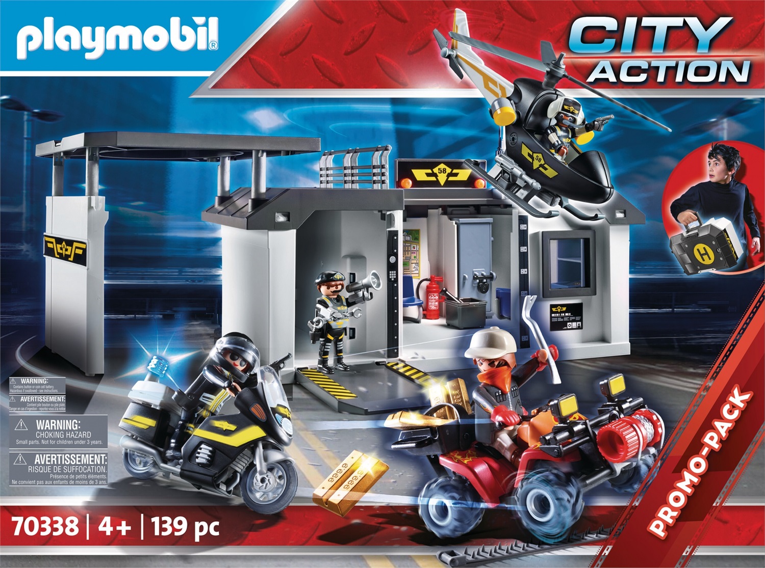 PLAYMOBIL City Action 70338 - Centrale dell'unità Speciale Portatile con Effetto Luminoso, Elicottero, Moto, Quad, 3 Poliziotti e 1 Bandito, dai 4 Anni