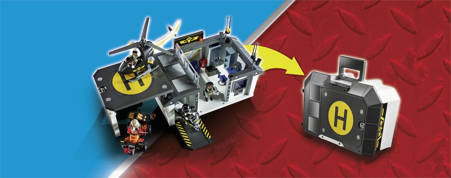 PLAYMOBIL City Action 70338 - Centrale dell'unità Speciale Portatile con Effetto Luminoso, Elicottero, Moto, Quad, 3 Poliziotti e 1 Bandito, dai 4 Anni