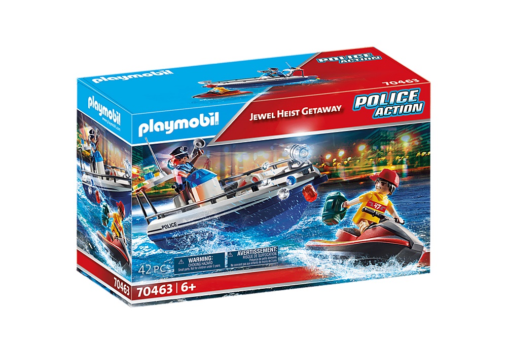 PLAYMOBIL Polizia Inseguimento: Guardia Costiera e Ladro con Moto d'Acqua e Barca