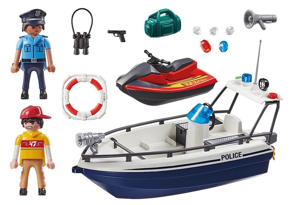 PLAYMOBIL Polizia Inseguimento: Guardia Costiera e Ladro con Moto d'Acqua e Barca
