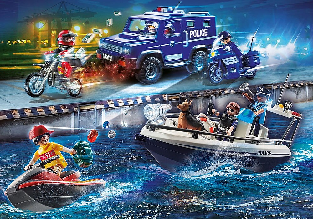 PLAYMOBIL Polizia Inseguimento: Guardia Costiera e Ladro con Moto d'Acqua e Barca