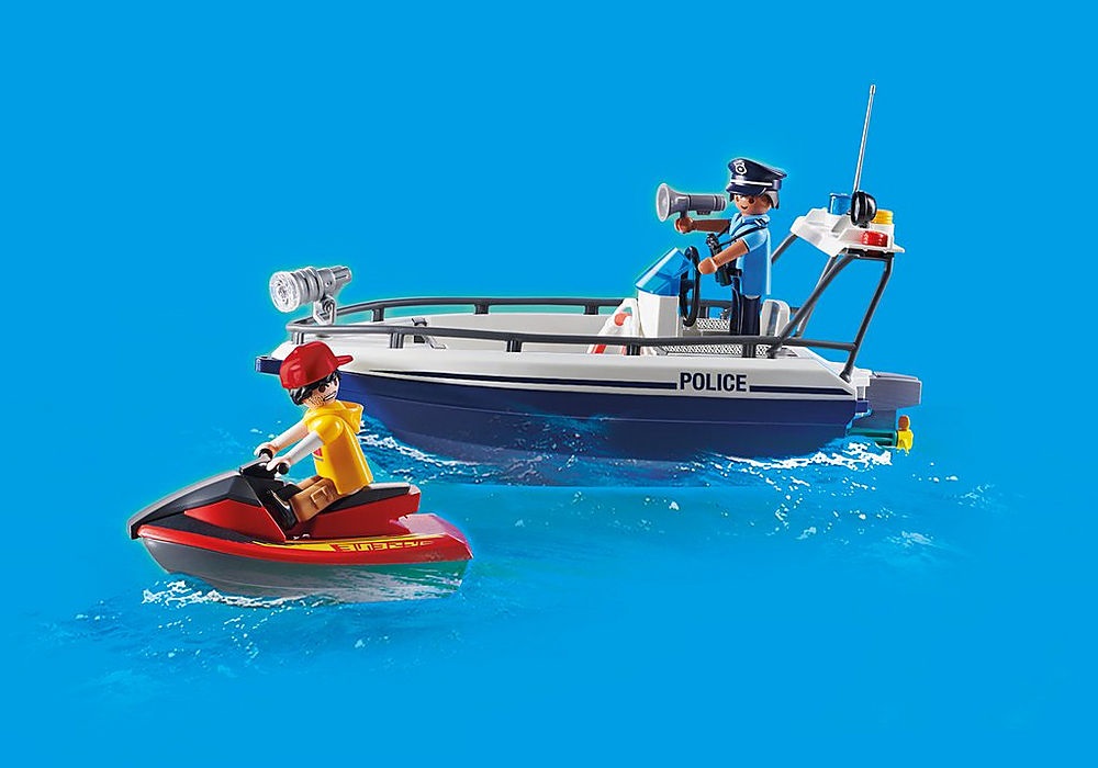 PLAYMOBIL Polizia Inseguimento: Guardia Costiera e Ladro con Moto d'Acqua e Barca