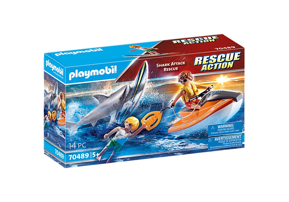 PLAYMOBIL 70489 Shark Attack Rescue - Barchetta di Salvataggio con Moto d'Acqua e Surfista