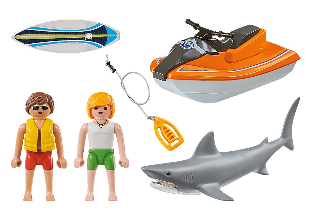 PLAYMOBIL 70489 Shark Attack Rescue - Barchetta di Salvataggio con Moto d'Acqua e Surfista