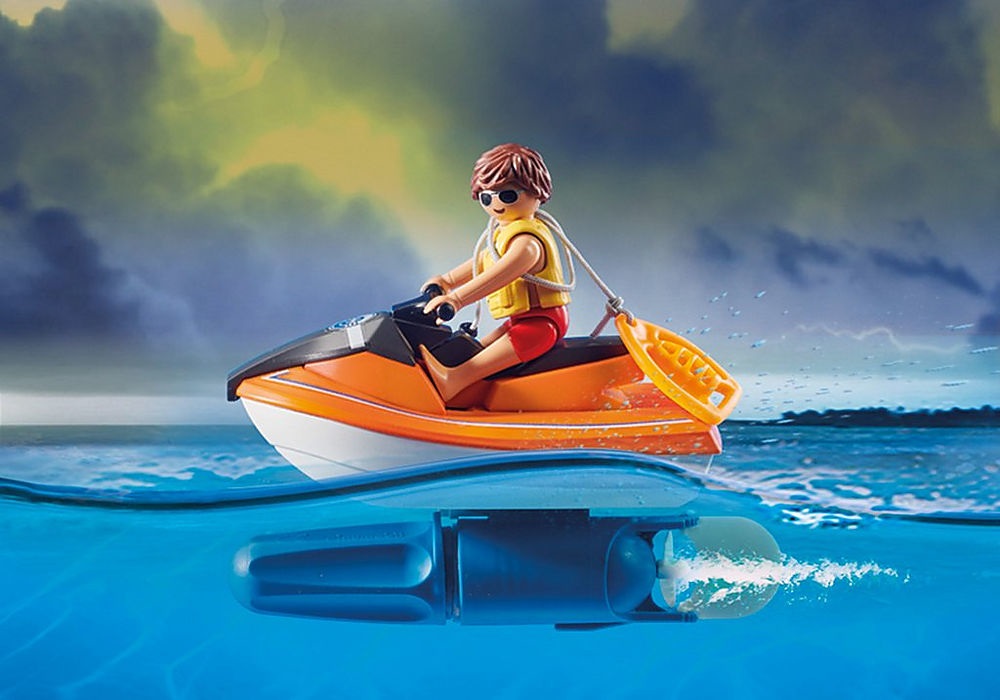 PLAYMOBIL 70489 Shark Attack Rescue - Barchetta di Salvataggio con Moto d'Acqua e Surfista
