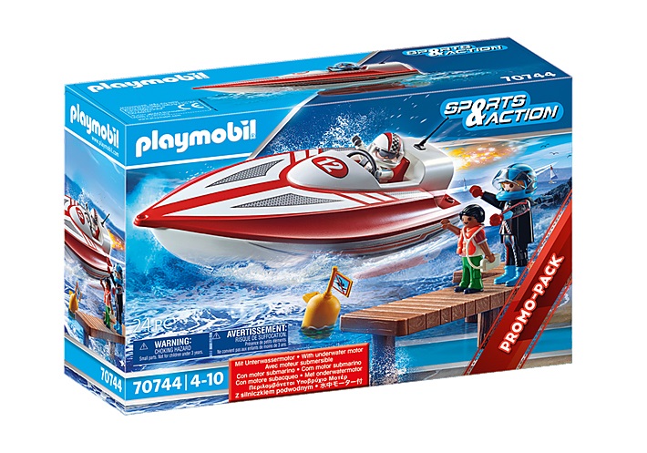 PLAYMOBIL Sports & Action 70744 - Motoscafo con Motore Subacqueo Galleggiante, Inclusi 2 Piloti e 1 Bambino, Dimensioni 27 x 11 x 6,5 cm, Adatto dai 4 Anni