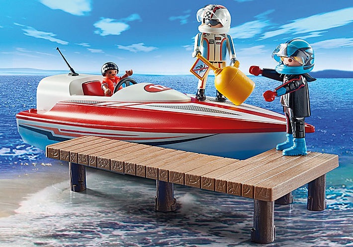 PLAYMOBIL Sports & Action 70744 - Motoscafo con Motore Subacqueo Galleggiante, Inclusi 2 Piloti e 1 Bambino, Dimensioni 27 x 11 x 6,5 cm, Adatto dai 4 Anni