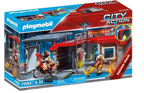 Playmobil City Action 71193 Stazione dei Vigili del Fuoco con Motocicletta, Valigetta Apribile e Trasportabile, Giocattolo da Viaggio per Bambini dai 4 Anni