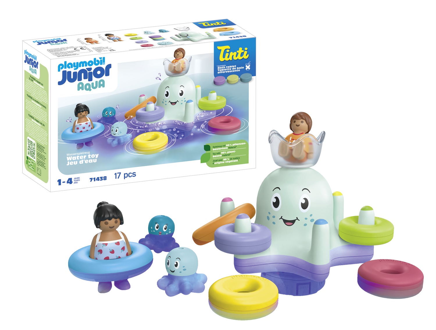 PLAYMOBIL JUNIOR AQUA & Tinti 71438 - Polipo Colorato con 4 Anelli e 3 Perle da Bagno per Bambini dai 12 Mesi