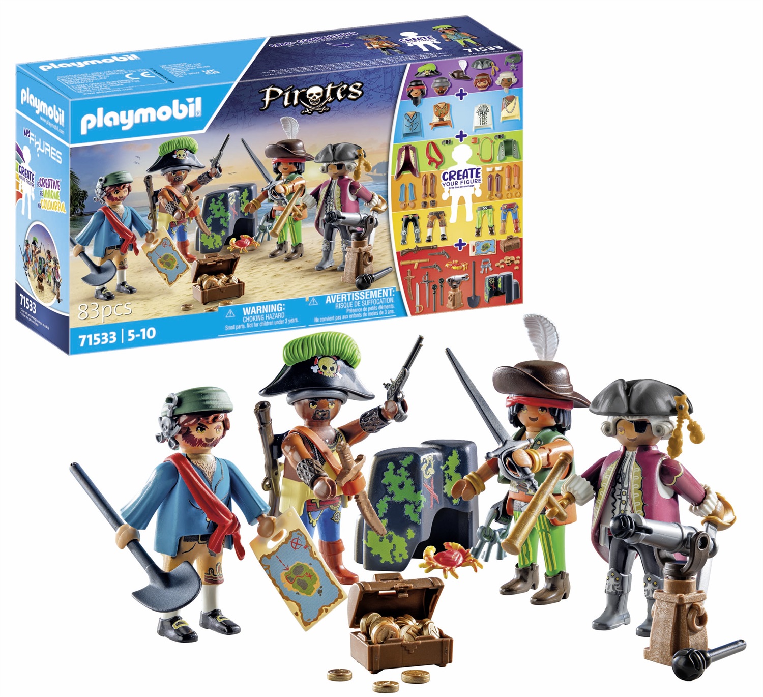 Playmobil MyFigures Pirati 71533 - Montaggio Creativo di Personaggi Pirati Personalizzati con Mappa del Tesoro e Spille per Cappello, Giocattolo per Bambini dai 5 Anni