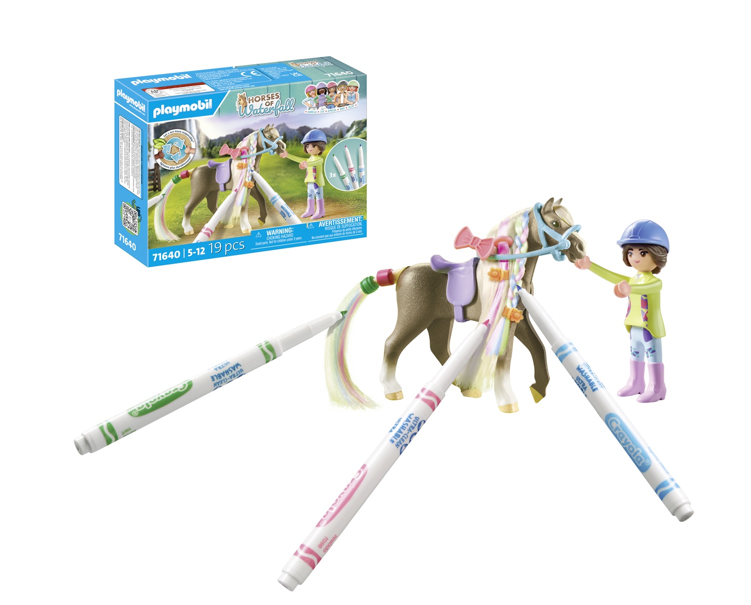 Playmobil 71640 Set da Gioco Cavallo con Criniera Colorabile, Personaggio e 3 Pennarelli CRAYOLA per Bambini dai 5 Anni