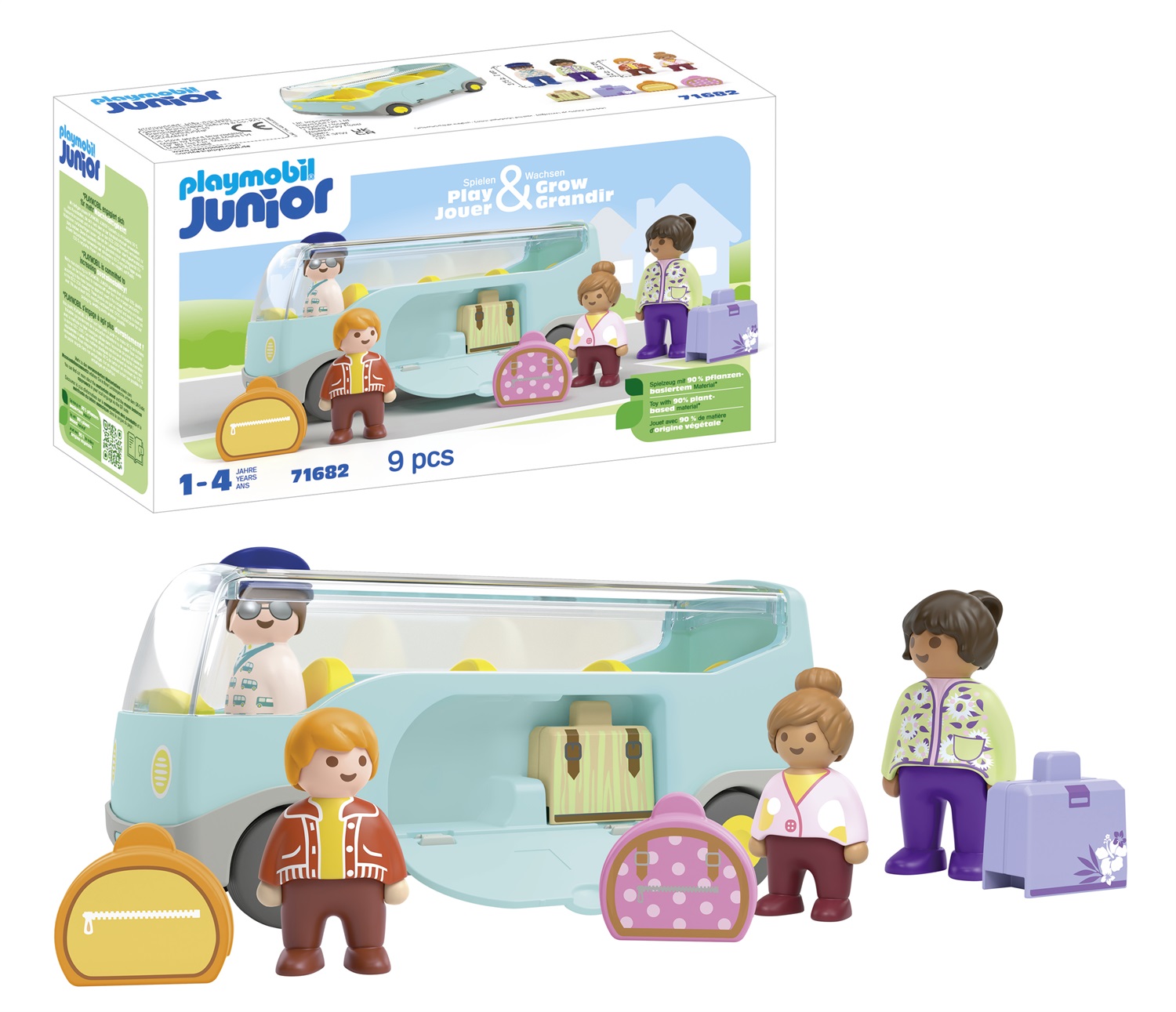 Playmobil Junior 71682 Autobus con Bagagli e 4 Personaggi - Giocattolo Sostenibile in Plastica a Base Vegetale per Bambini dai 12 Mesi