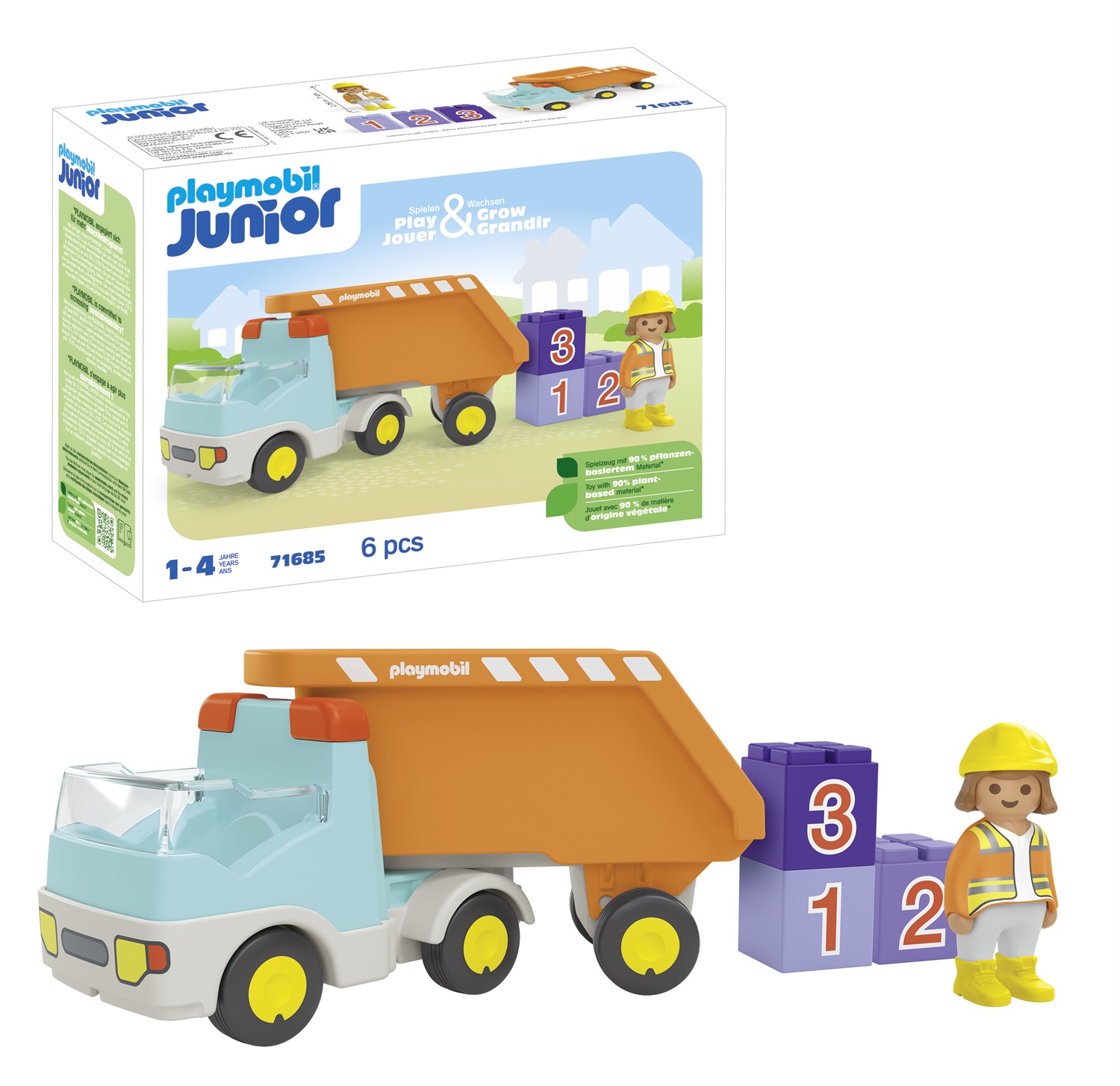 Playmobil 71685 Junior Camion del Cantiere con Operaio Edile e Tre Pietre Impilabili, Giocattolo Sostenibile in Plastica a Base Vegetale per Bambini dai 12 Mesi