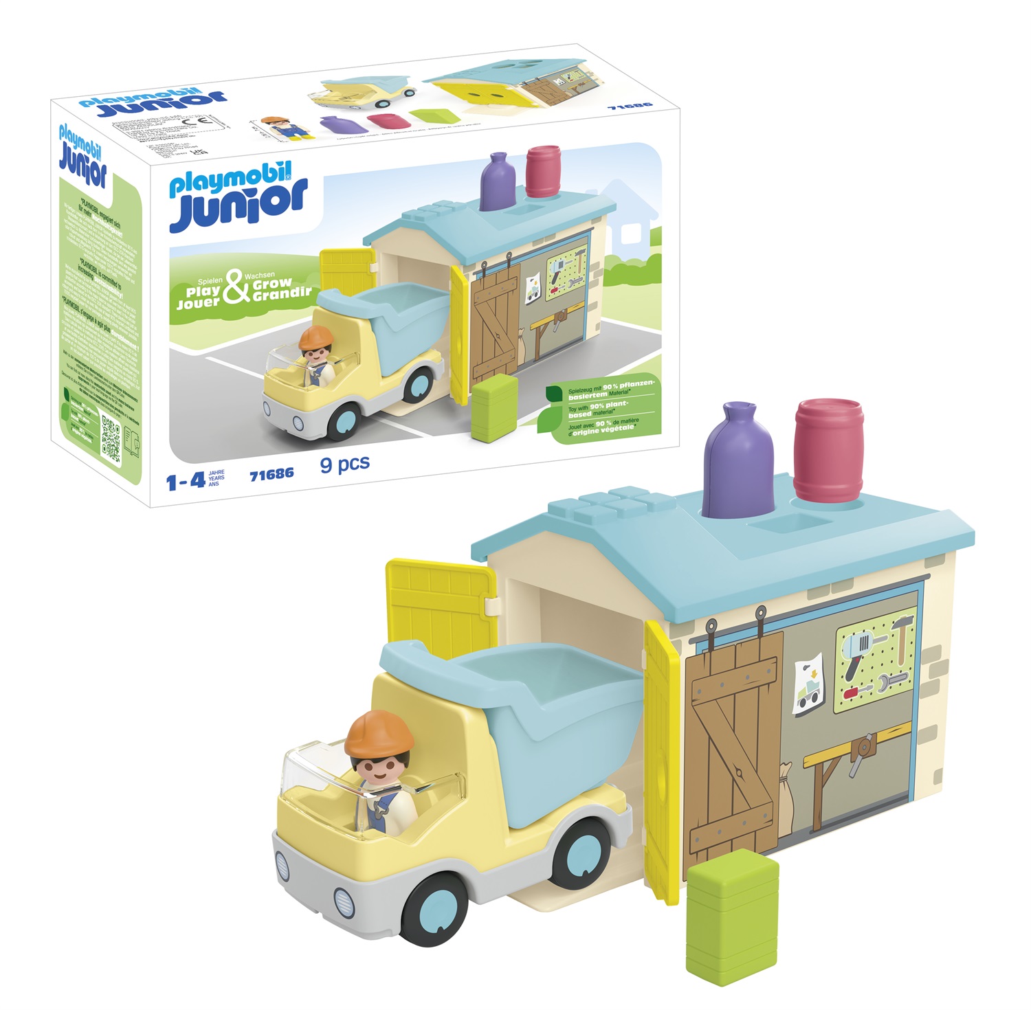 Playmobil Junior 71686 Camion con Cassone - Inclusi Cassone Ribaltabile Mobile e Garage, Giocattolo Sostenibile in Plastica a Base Vegetale per Bambini dai 12 Mesi