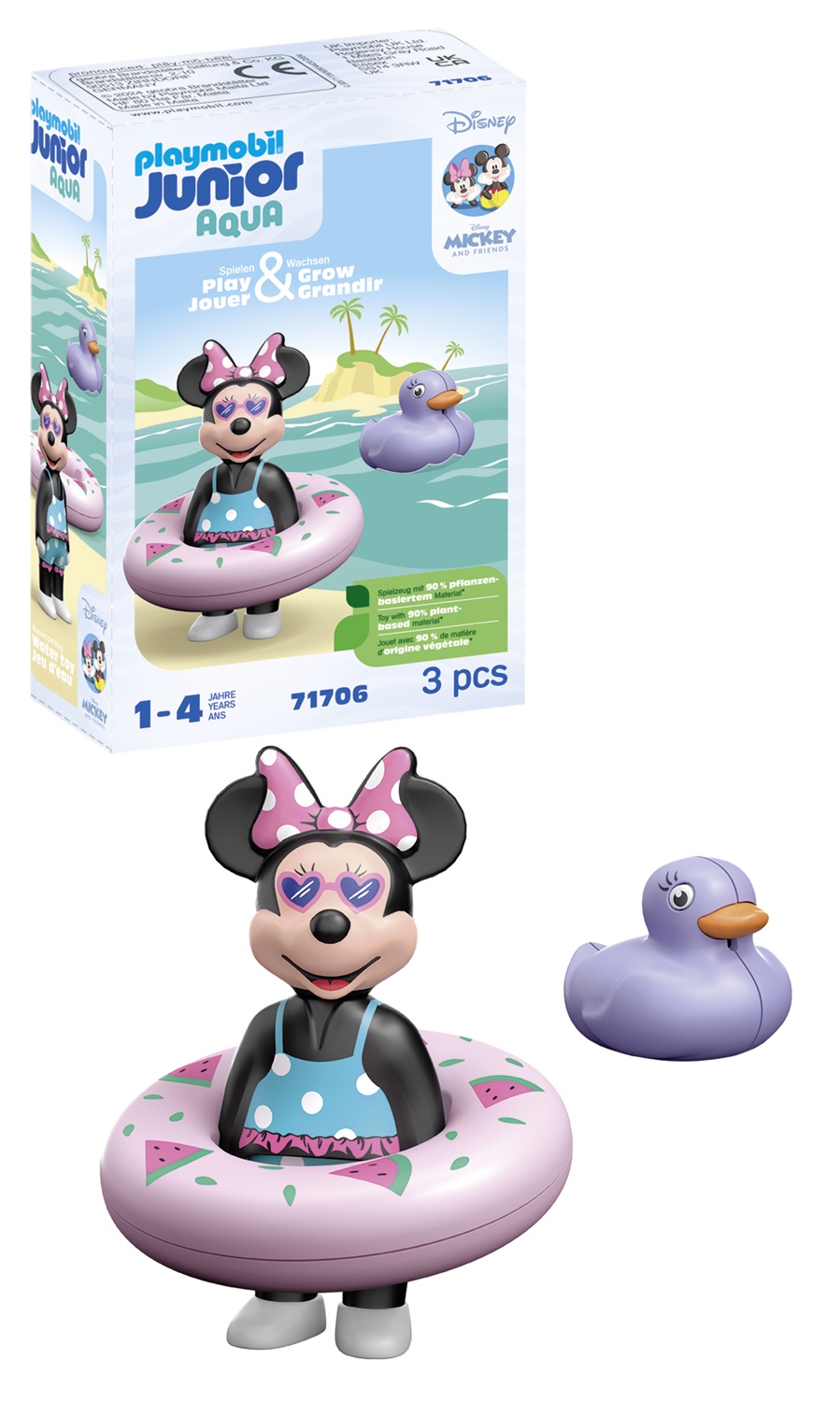 PLAYMOBIL Junior & Disney 71706 - Set da Gioco Minnie con Salvagente e Anatra, Giocattolo Sostenibile in Plastica a Base Vegetale per Bambini dai 12 Mesi