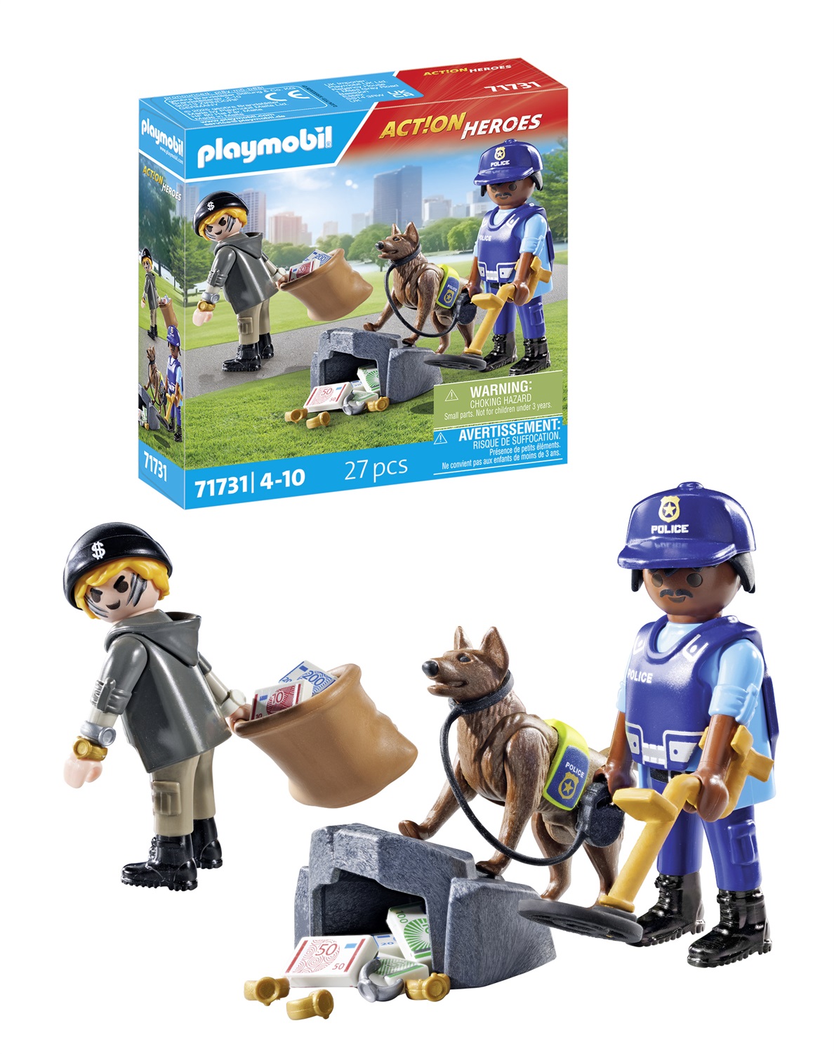 Playmobil Action Heroes 71731 - Unità Cinofila e Ladro con Cane Poliziotto e Metal Detector, 4 Anni