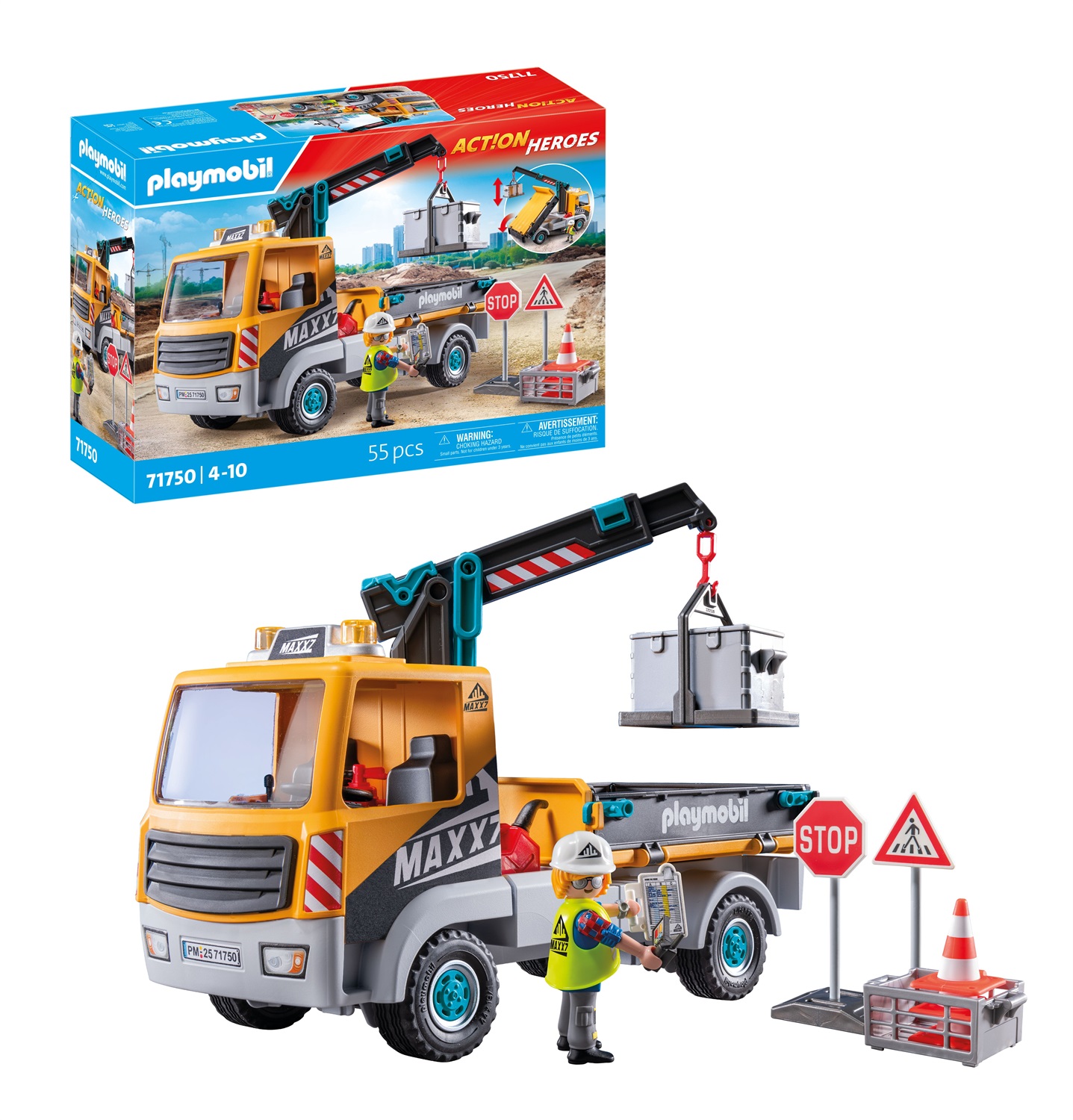 Playmobil 71750 Camion da Cantiere con Gru - Giocattolo da Costruzione per Bambini dai 4 Anni