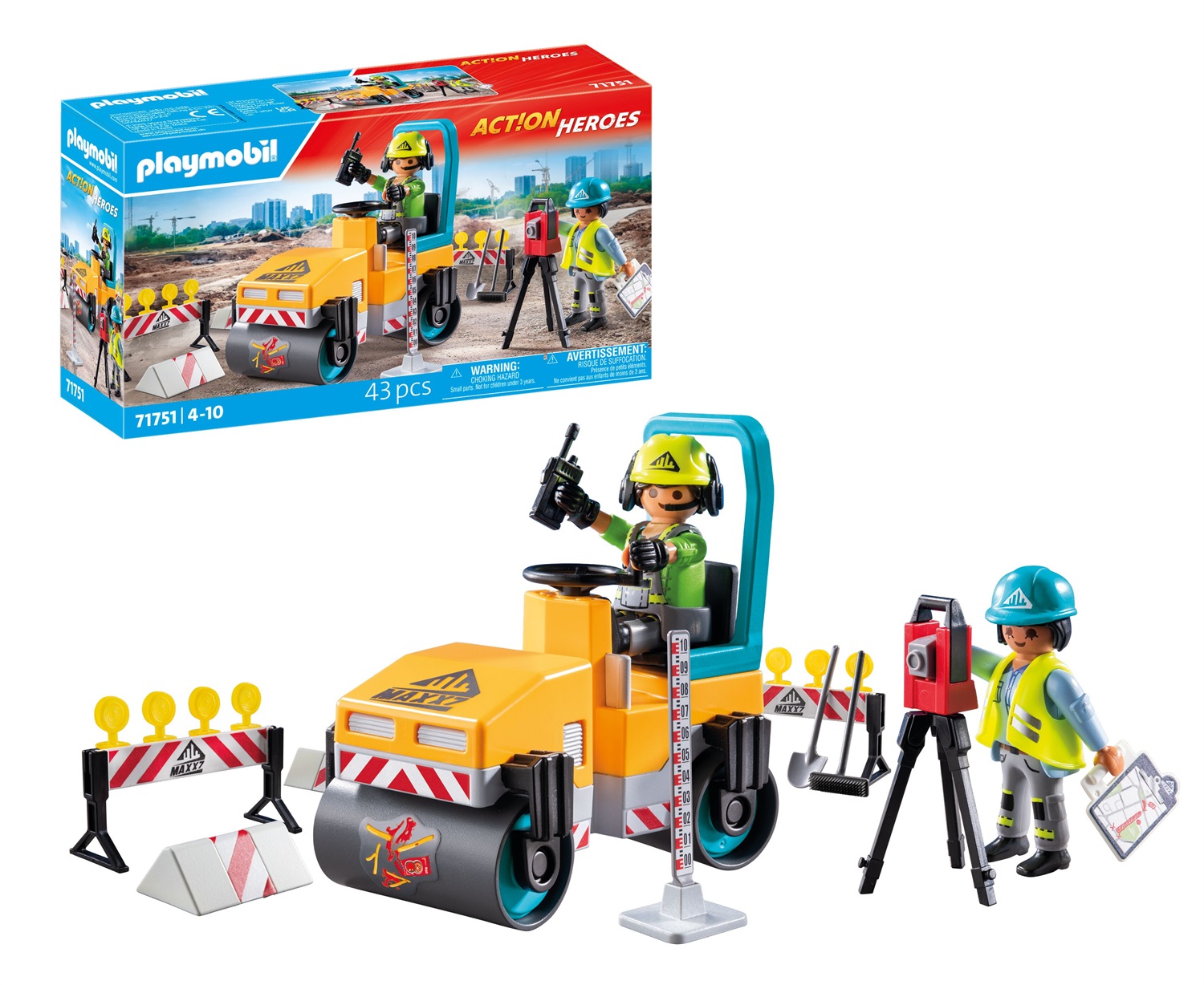 PLAYMOBIL 71751 Cantiere Stradale - Set da Gioco di Costruzione con Rullo e Due Operai per Bambini dai 4 Anni