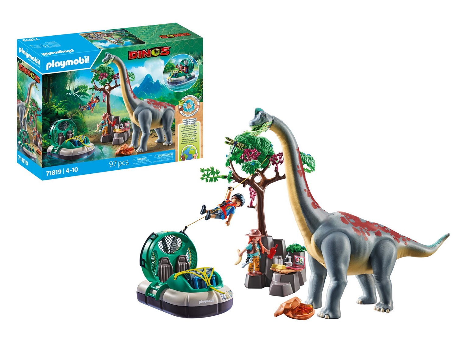 Playmobil Dinos 71819 - Set di Gioco con Hovercraft e Brachiosauro, 97 Pezzi, per Bambini dai 4 Anni in Su